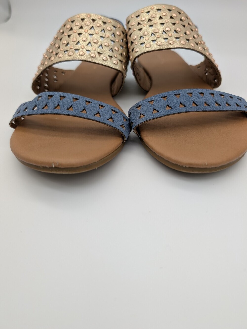 Qupid Geometric Laser Cut Studded Slingback Sandals Blue Metallic Gold - Picture 8 of 9